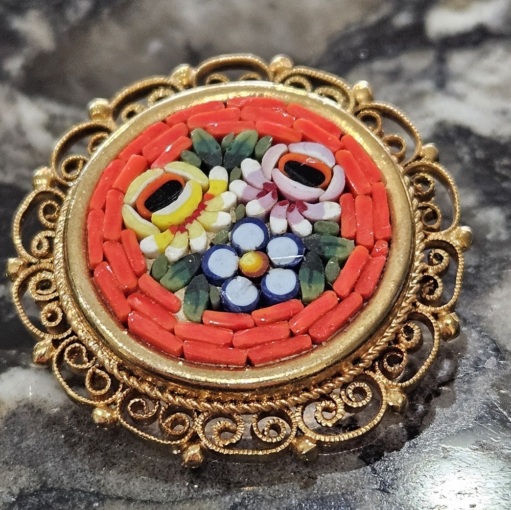 VINTAGE Micro Mosaic Floral Brooch Made In Italy